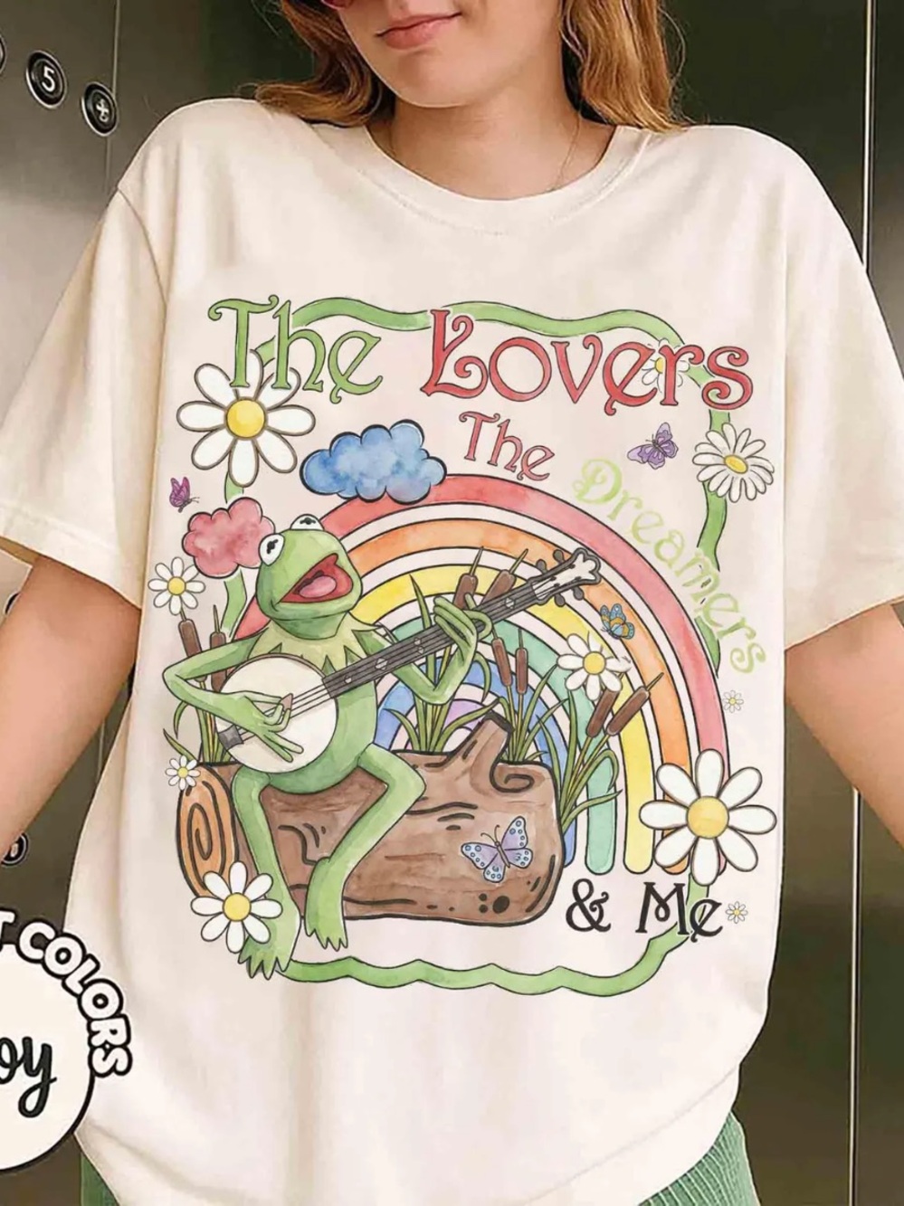 Comfort Colors Ivory Kermit Graphic Tee with Rainbow